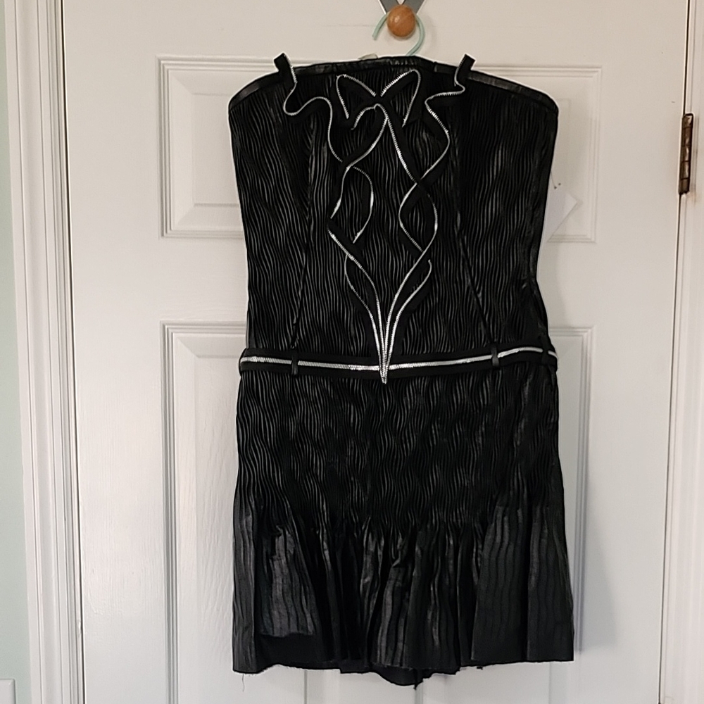 Alex Teih Couture Elegant Strapless Black Faux Leather Dress with Zipper Detail